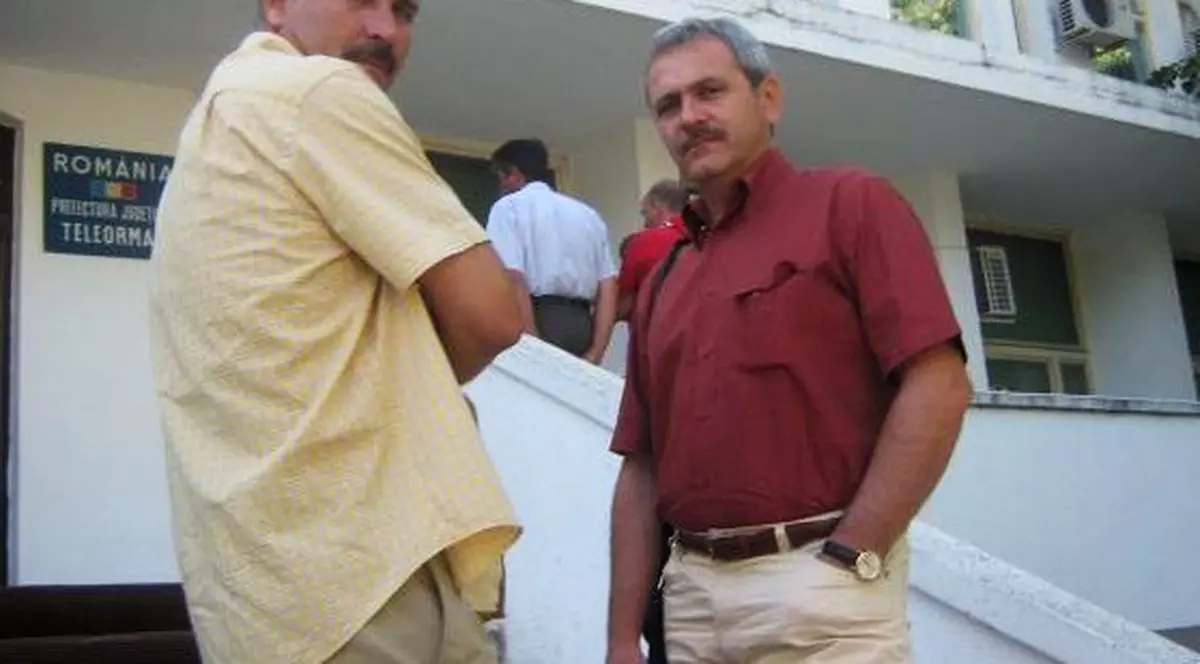 Cazul TelDrum-Dragnea, dat ca exemplu de OLAF. Marian Fișcuci (cămașă crem) și Liviu Dragnea (cămașă vișinie), ambii cu mustață