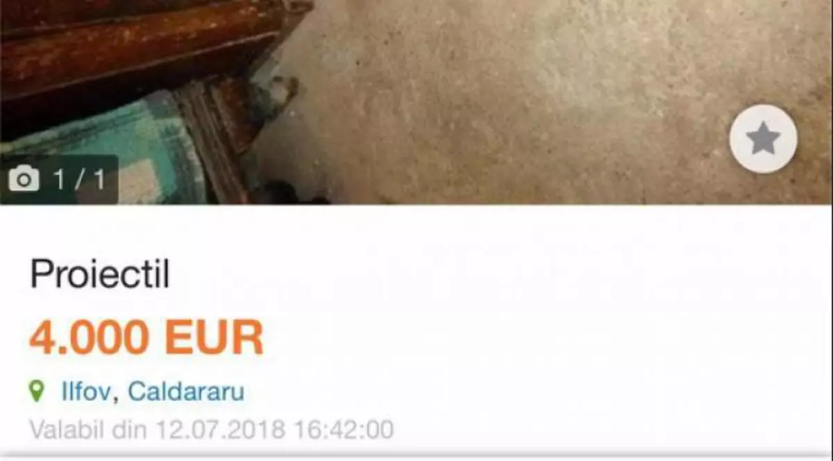 Un obuz neexplodat a fost scos la vânzare pe mai multe site-uri de anunțuri iar Poliția a identificat persoana care intenționa să-l comercializeze. Proiectilul a fost ridicat de la locul de muncă al tânărului de 24 de ani care pusese anunțul pe internet. Omul voia să vândă materialul explozibil pentru suma de 4.000 de euro.