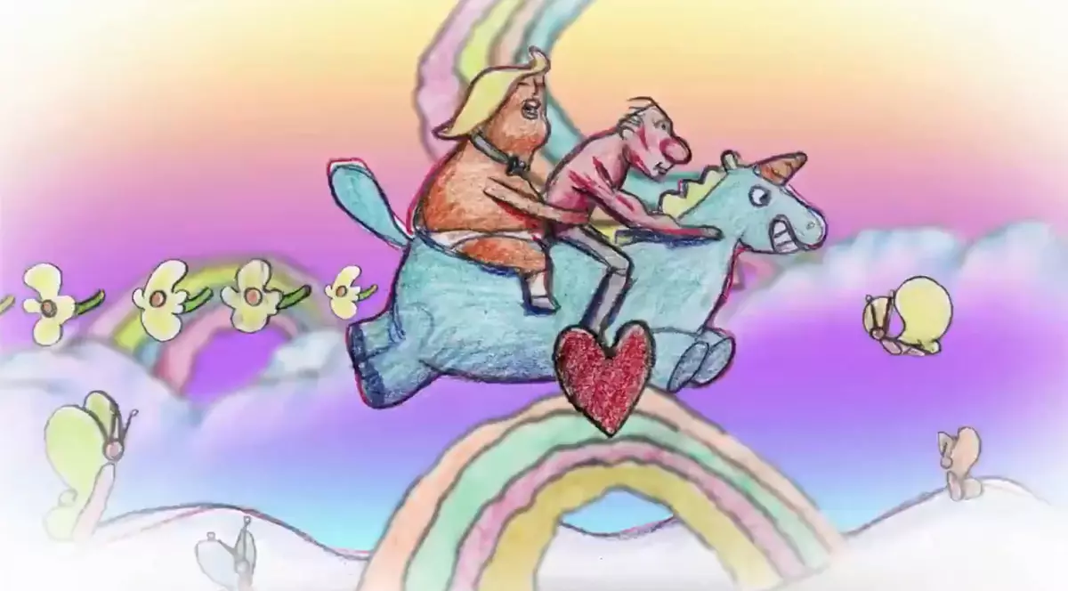 caricatură cu Trump și Putin prezentați ca homosexuali