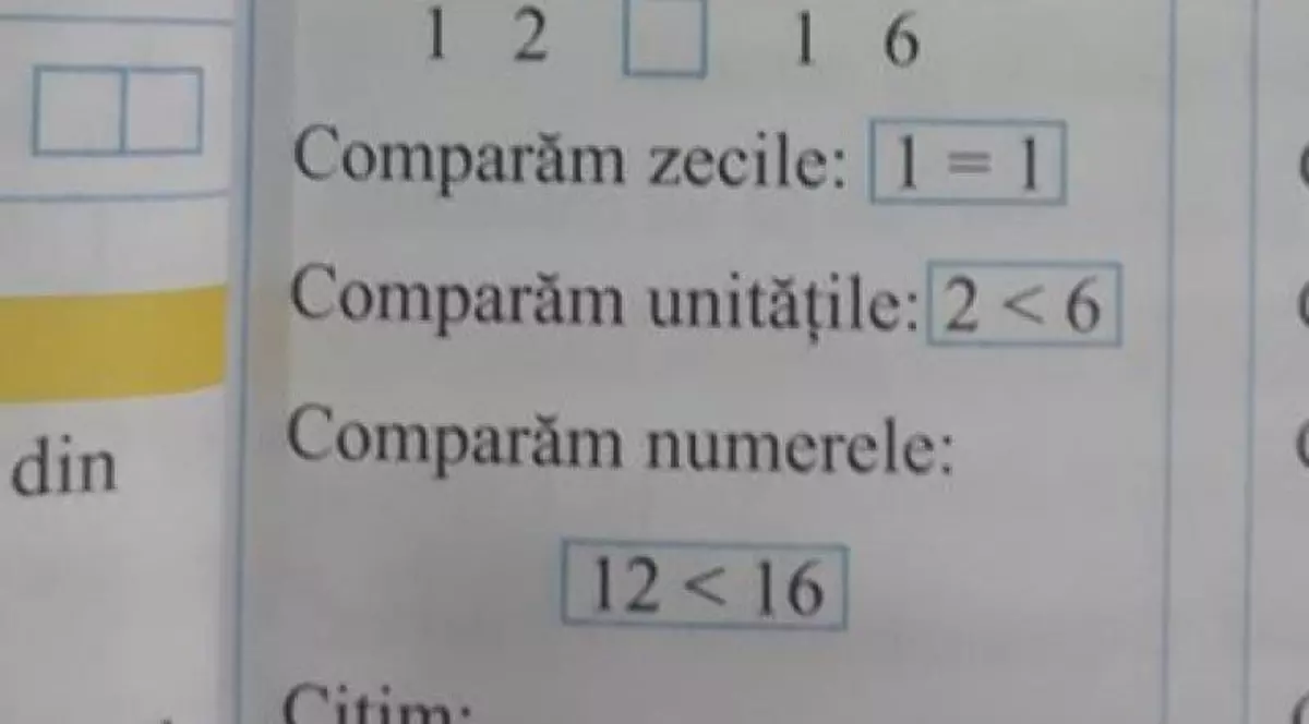 Greșeala uriașă într-un manual de clasa I. Elevilor li se spune că 12 este mai mare decât 16