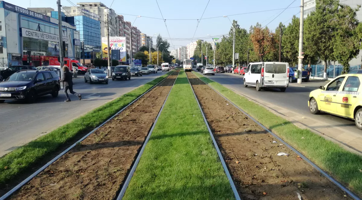 Primăria Sectorului 5 a îndepărtat gazonul plantat între şinele de tramvai, la nici o lună de când a fost pus (foto: Horia Duţescu)