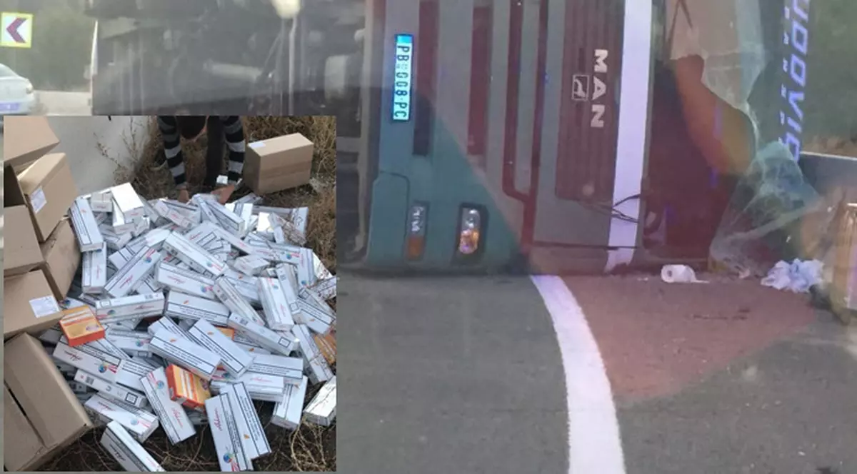 Țigări de contrabandă, găsite într-un camion răsturnat în Colonești, Olt