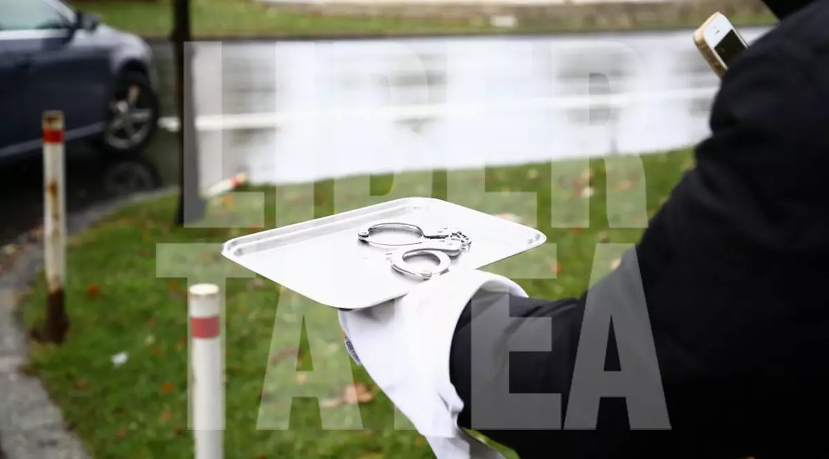 FOTO EXCLUSIV | Gabriel Oprea, întâmpinat cu cătușe pe tavă, la Tribunalul București, de către un protestatar #Rezist costumat în ospătar