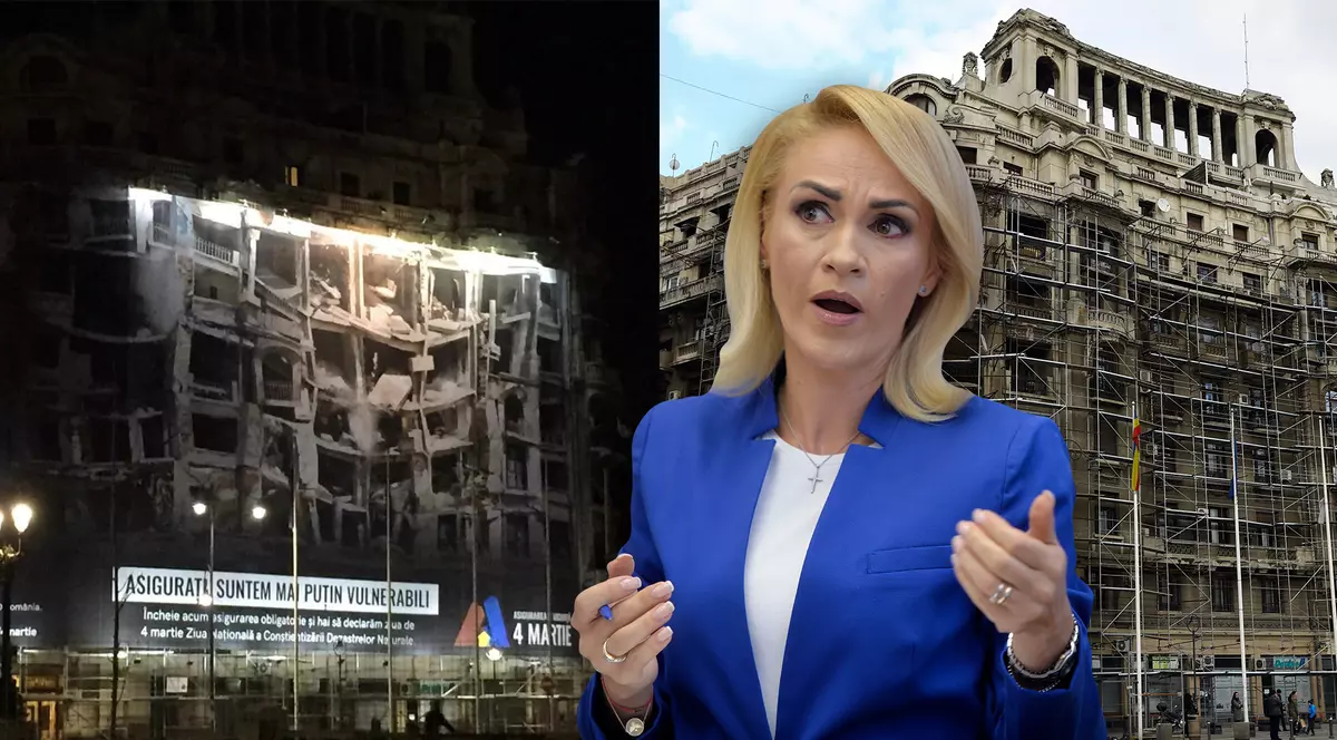 UPDATE / Firea a interzis cutremurul în București! Un mash publicitar uriaș care înfățișa cum ar arăta o clădire după cutremur a fost dat jos la patru zile după ce a fost montat / Reacția PMB: „Poliția Locală nu a desfășurat nicio acțiune de acest gen”