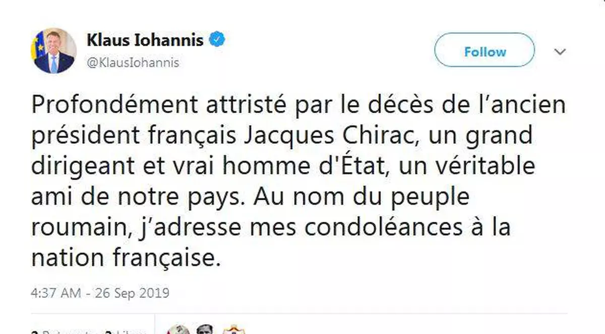 Mesaj de condoleanțe al președintelui Iohannis la moartea lui Jacques Chirac: ”Un adevărat prieten al țării noastre”