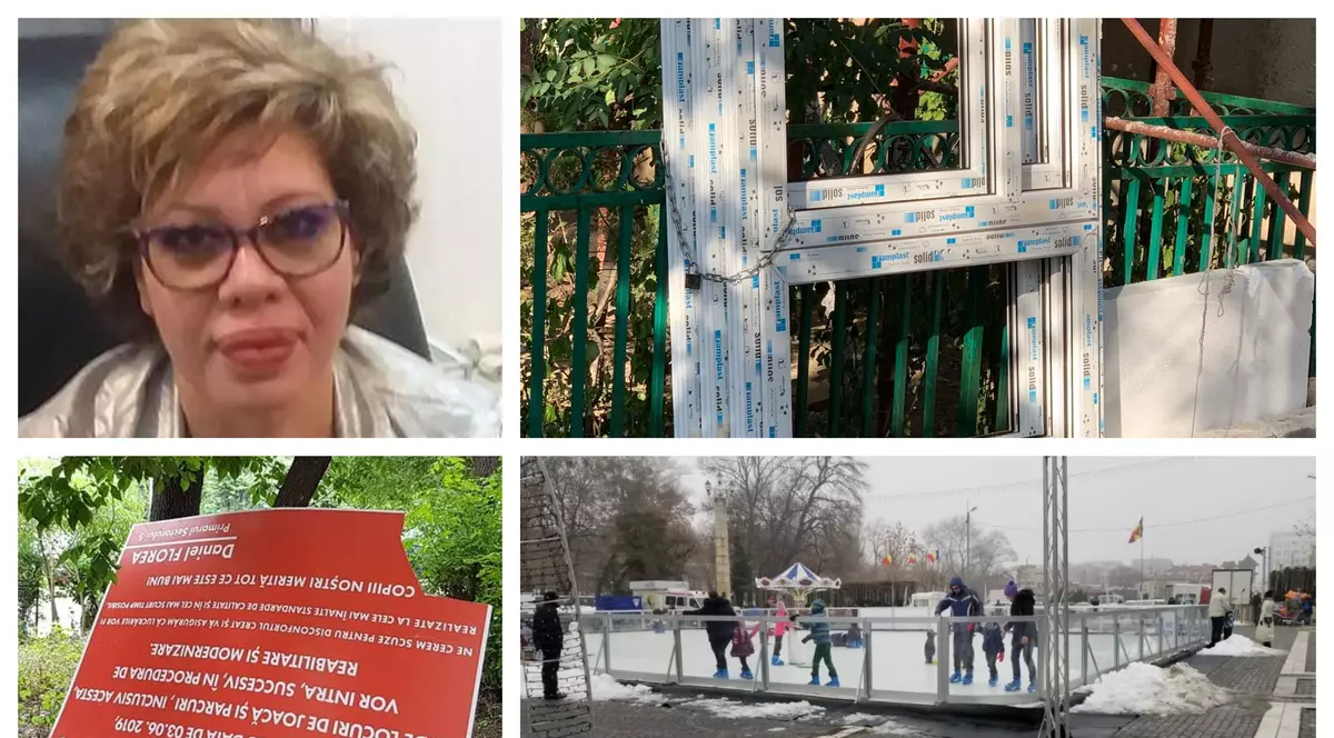 Patroana Nicoleta Diaconescu (foto sus, stânga) și trei dintre lucrări: refacerea blocurilor din S5 (sus), refacerea părculețelor (lucrarea i-a fost luată) și patinoarul de plastic