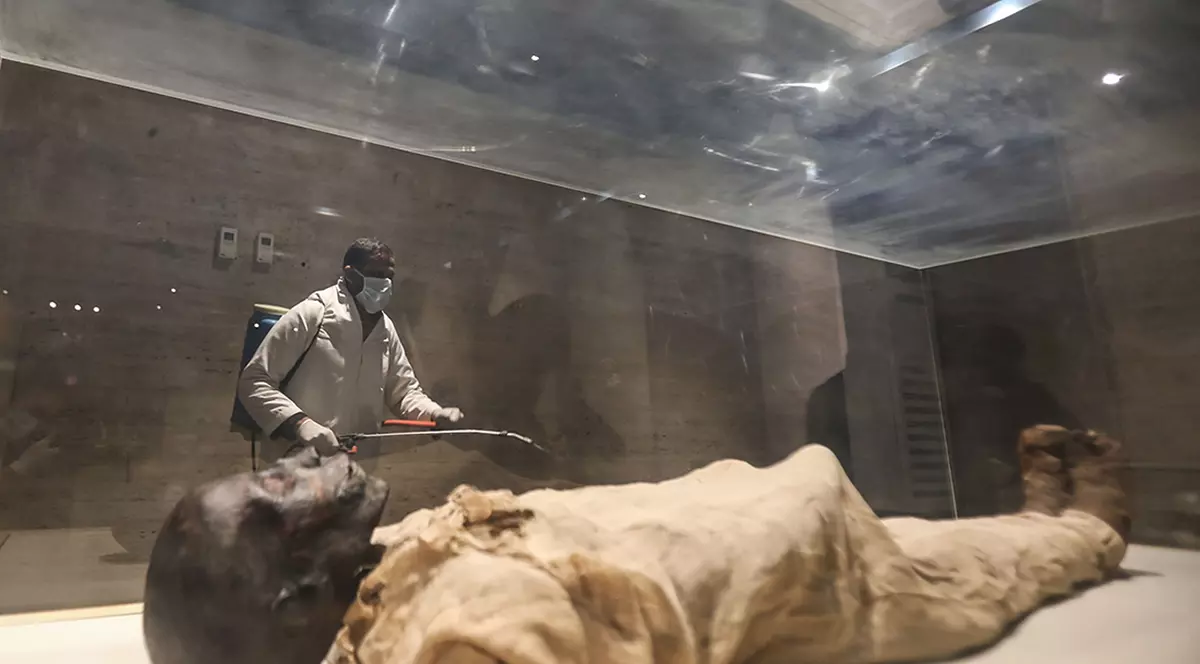 Un agent dezinfectează camera în care se află mumiile egiptene Foto: Hepta