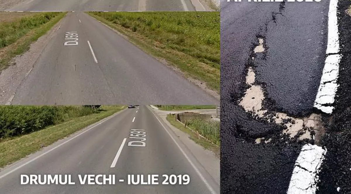 Drum reparat în Timiș s-a surpat după doar două săptămâni. Muncitorii au turnat asfaltul direct peste suprafața veche