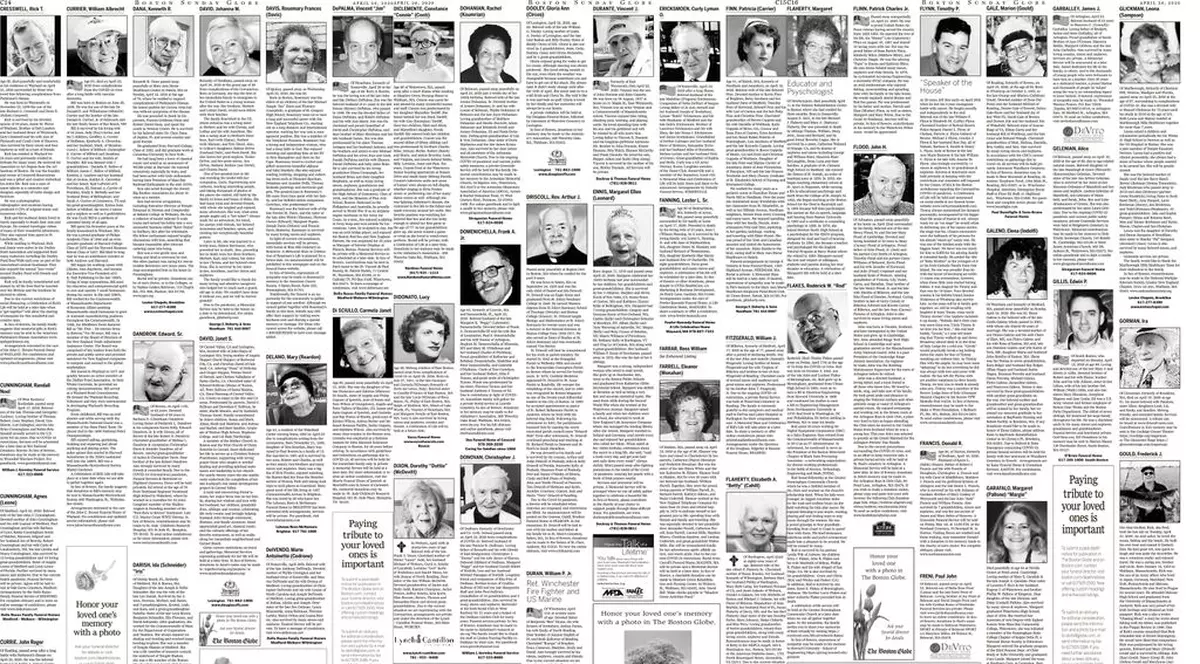 Moartea ocupă ziarul. Cotidianul Boston Globe a publicat duminică 21 de pagini cu anunțuri despre decese