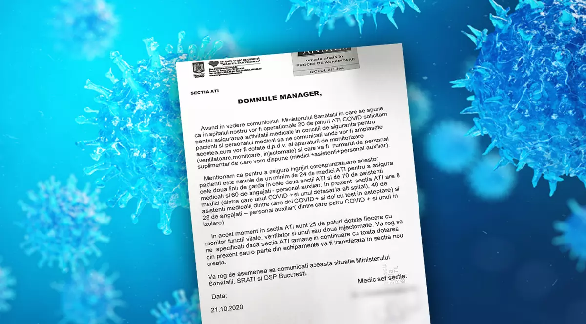 DOCUMENT MEDICAL DE AVERTISMENT | Ministerul Sănătății a anunțat 20 de paturi ATI COVID la Spitalul Sf. Pantelimon. Aici sunt însă doar 6 medici ATI, care au arătat ce lipsuri au
