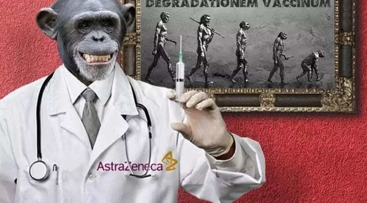 Una dintre imaginile circulate ca parte a campaniei arată un cimpanzeu cu un halat pe care scrie AstraZeneca