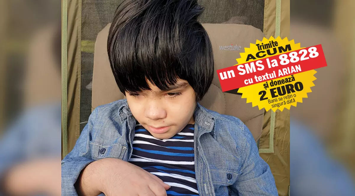 De opt ani, Arian nu merge și nu vorbește. Copilul suferă de sindromul MELAS și s-ar putea vindeca doar cu un transplant de celule stem în Thailanda, care costă 40.000 de euro