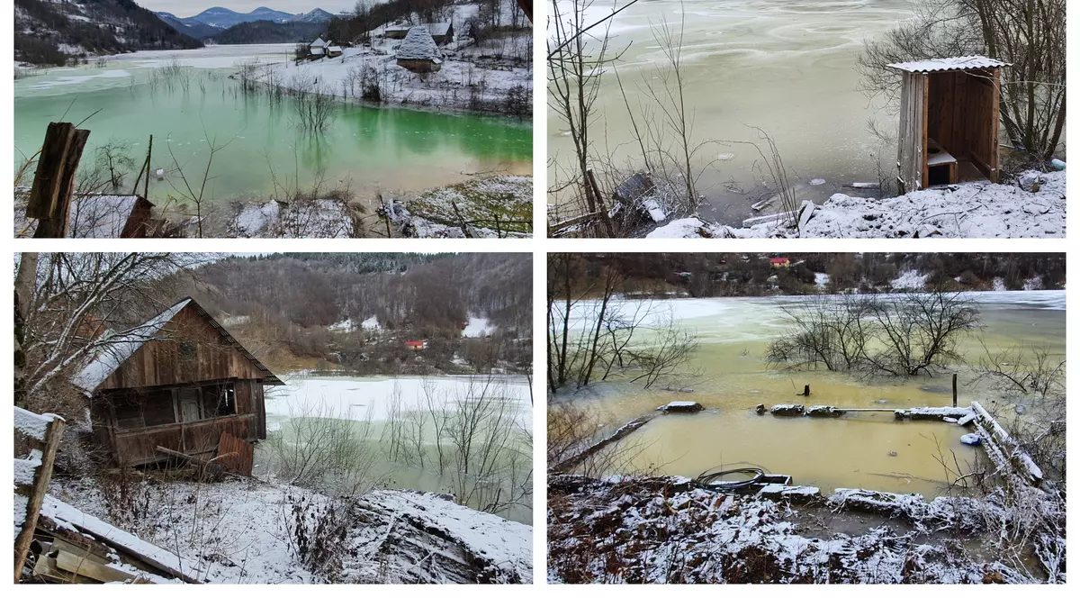 REPORTAJ. 10 ani în imagini care-ți arată cum a fost scufundată Valea Șesii în iazul de decantare. Turla bisericii e aproape înghițită, ultimele 3 case sunt în pericol