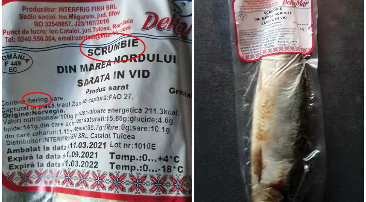 Minciuna de pe etichetă. O firmă vinde heringi congelați cu etichetă de scrumbie, care e mult mai scumpă.  Protecția Consumatorilor a oprit temporar produsul de la comercializare