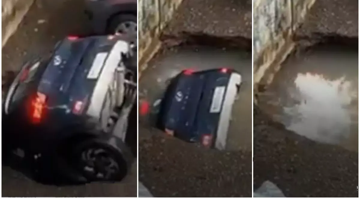 VIDEO VIRAL: O mașină parcată dispare în mai puțin de un minut, înghițită de o groapă