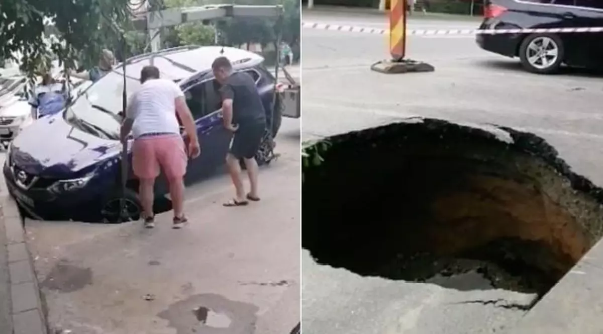 O mașină a fost avariată  într-o parcare din Craiova, după ce asfaltul s-a surpat