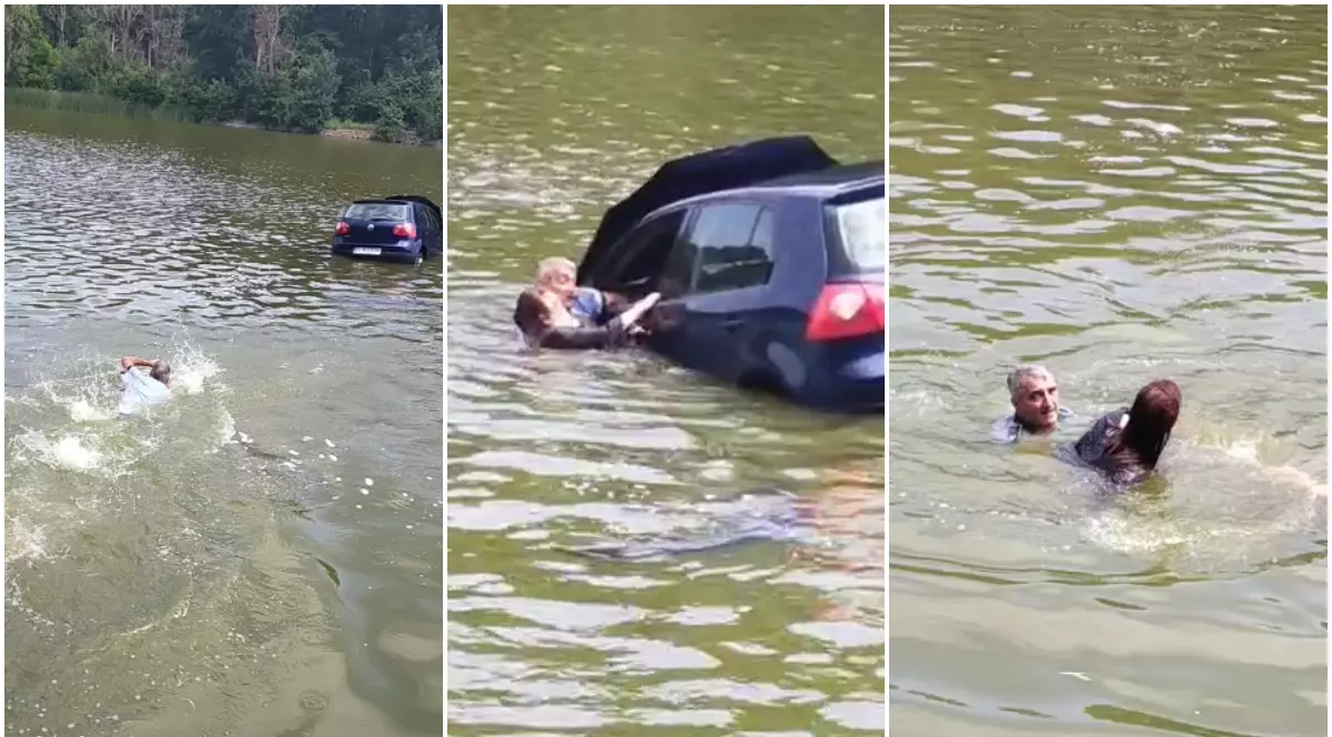 Un polițist local din Iași s-a aruncat în apă după o femeie care a intrat cu mașina într-un lac. Filmul salvării
