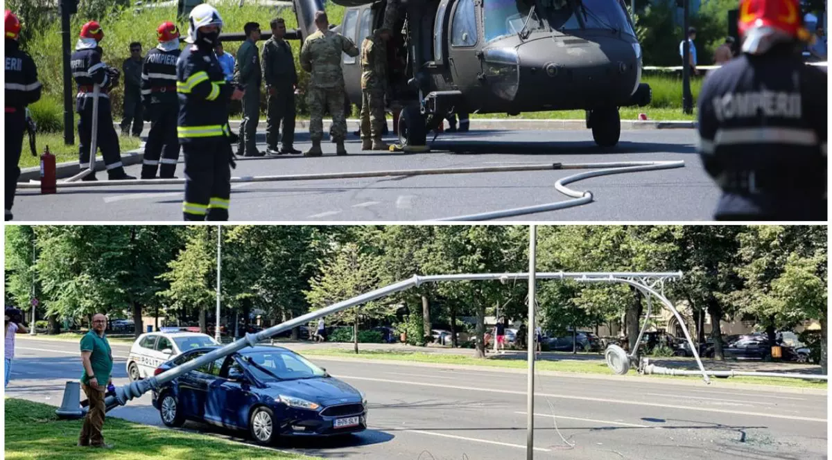 Un elicopter american a aterizat forțat în intersecția de la Aviatorilor și a doborât doi stâlpi. Martor: „Am crezut că e cutremur”