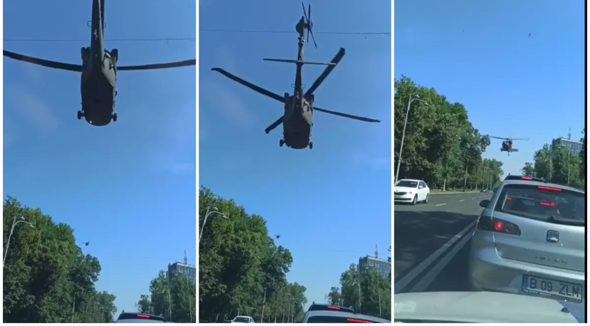 Alte secvente video cu momentul în care un elicopter militar american aterizează forțat pe Bulevardul Aviatorilor, în Piața Charles de Gaulle