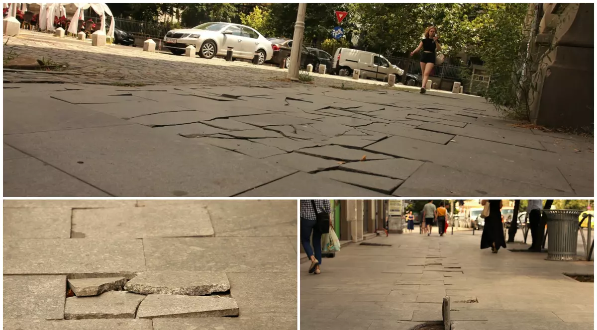 Trotuarele-capcană din centrul Capitalei. Pericolul care îi pândește pe pietoni la fiecare pas