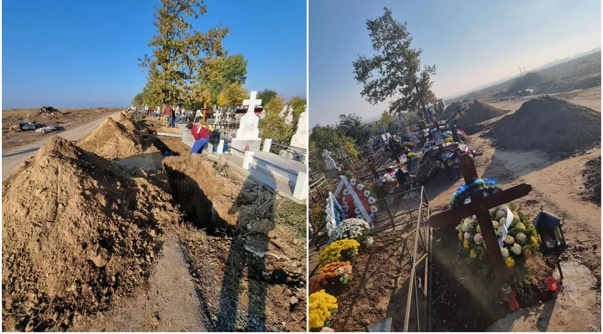 La Slobozia, gropile sunt săpate cu excavatorul, iar cimitirul urmează să fie extins. „Am ajuns să săpăm 10-15 gropi pe zi”