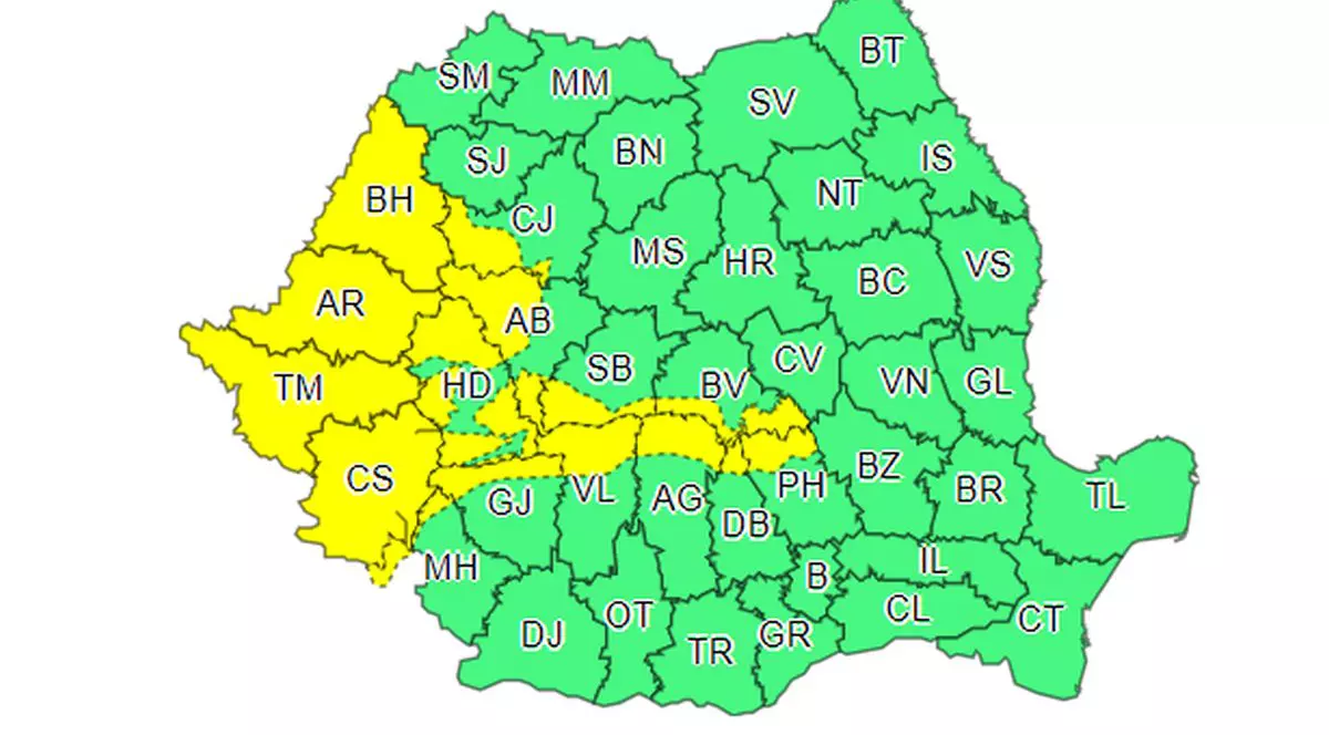 Cod galben de vânt în vestul țării și la munte până joi seară