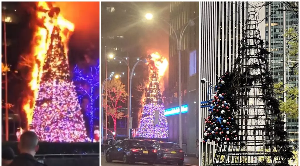 VIDEO | Bradul de Crăciun instalat de Fox News în Manhattan a ars, un bărbat l-a aprins ca pe o torță