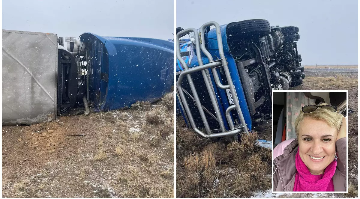 Șoferiță româncă de TIR răsturnată de vânt pe șosea, în munții de lângă Las Vegas