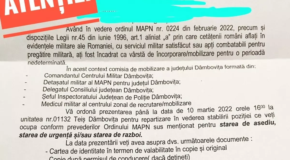 Ministerul Apărării, precizări în cazul ordinelor de mobilizare primite de mai mulți români: Sunt false, vor să inducă panică!