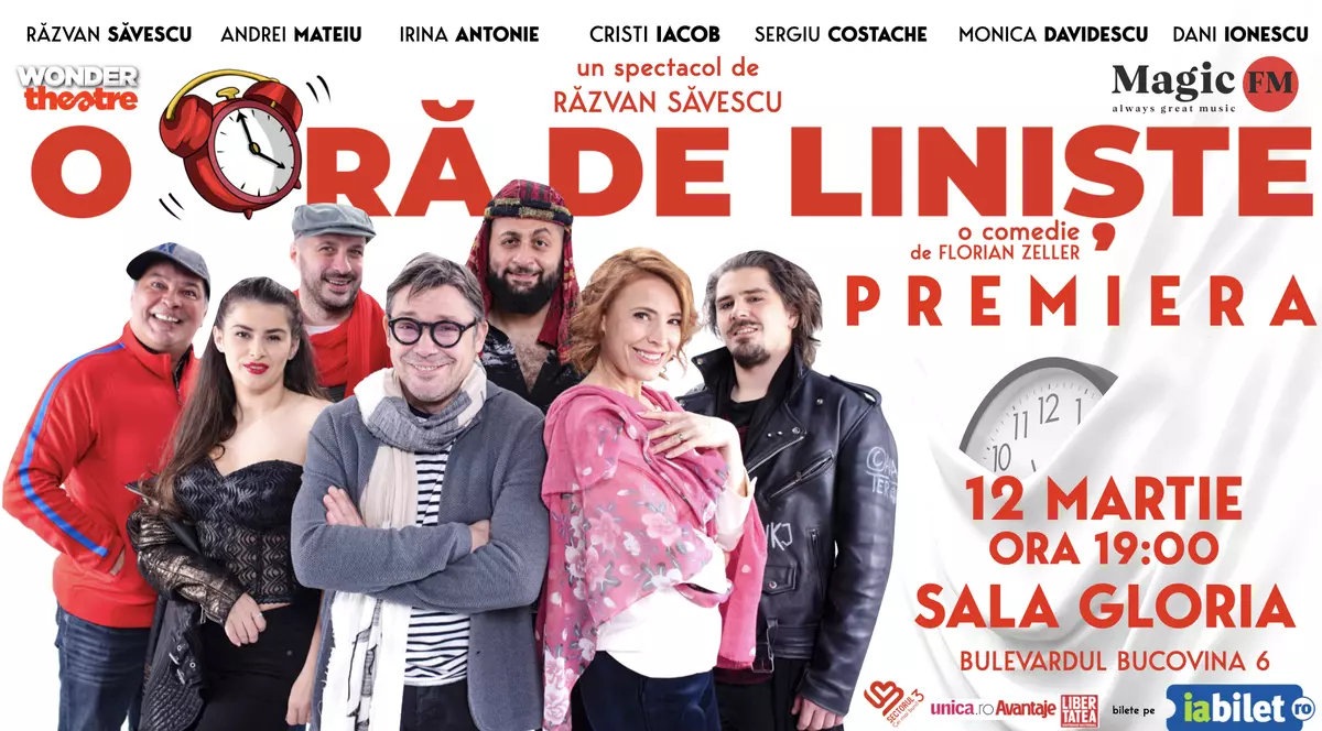 Compania independentă de teatru WonderTheatre anunță premiera spectacolului „O ORĂ DE LINIȘTE”, cu Cristi Iacob, Monica Davidescu, Andrei Mateiu și Irina Antonie