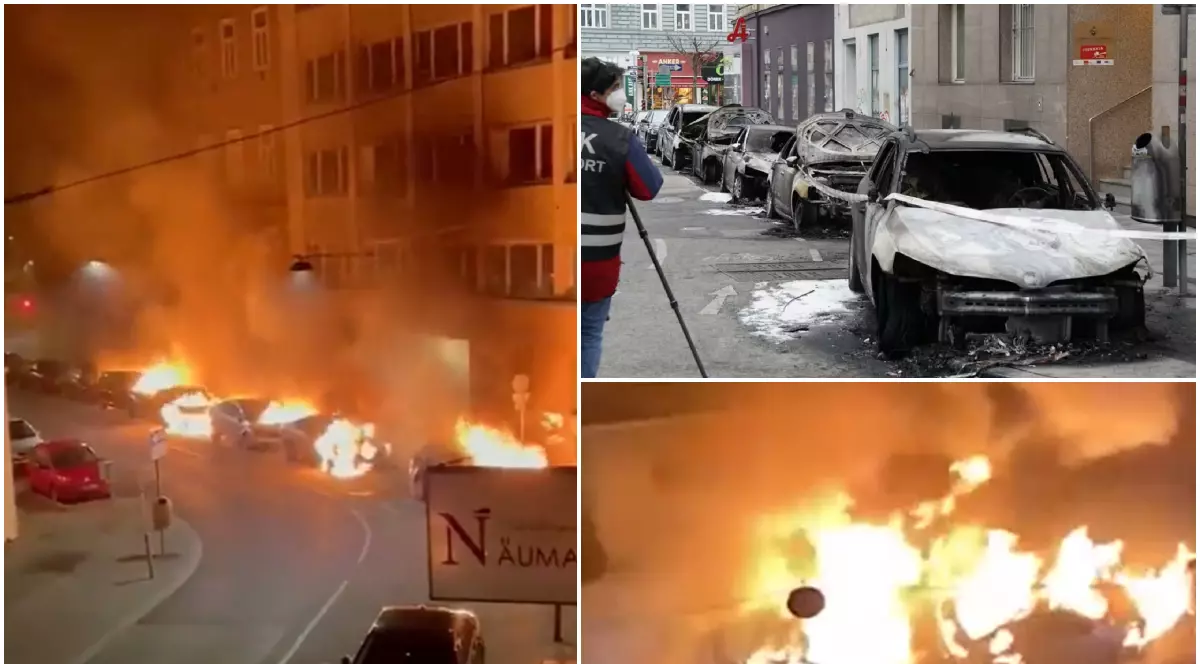 VIDEO | Șase mașini ale Poliției, incendiate în fața sediului, la Viena. 1.000 de euro recompensă pentru găsirea celui care a pus focul