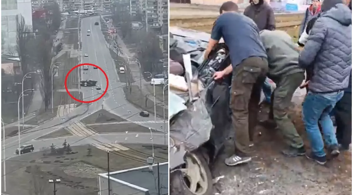 Imagini dramatice în Kiev: Un blindat rusesc trece peste o mașină. Bărbatul ar fi fost salvat apoi de trecători