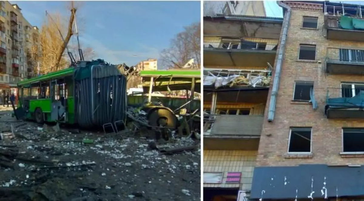 VIDEO | Epava unei rachete rusești cade în Kiev, lângă un bloc, peste un troleibuz. Un om a murit și alți șase au fost răniți