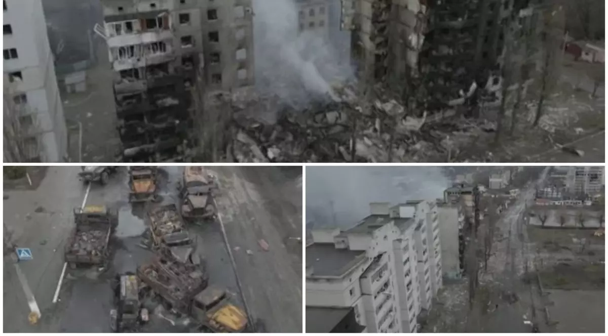 Filmare din dronă cu un oraș din regiunea Kiev bombardat de armata rusă. Ce a mai rămas din blocurile lovite de rachete