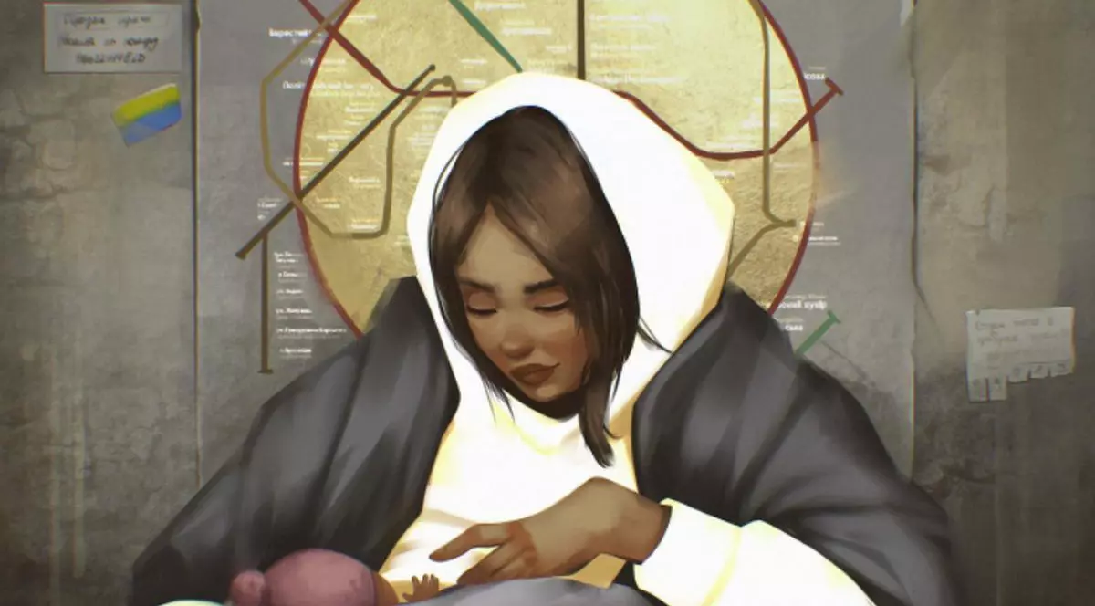 „Madona din Kiev”. Poza cu o ucraineancă alăptându-și copilul într-un adăpost de la metrou, ajunsă icoană într-o biserică din Italia