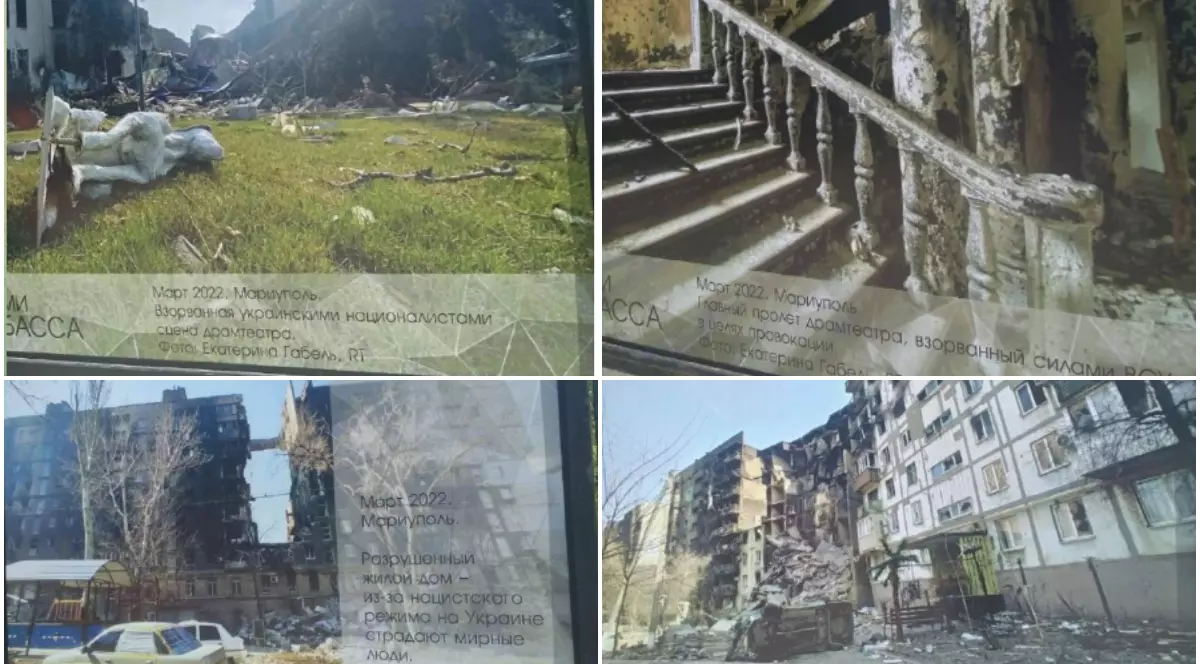 Propaganda rușilor în Crimea. Expoziție foto la Sevastopol: „Teatrul din Mariupol, bombardat de naționaliști ucraineni”