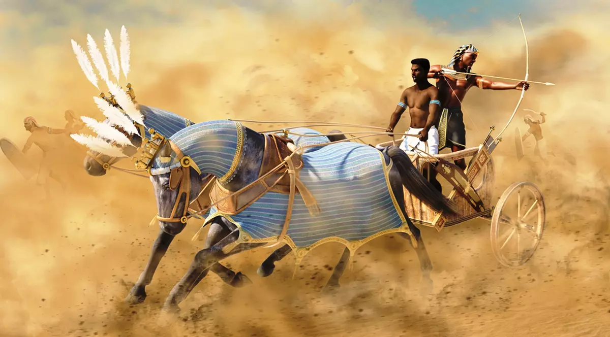 Animale si pasari folosite in razboi- Doi barbati, printre cae un arcas, fug cu o trasura trasa de doi cai printr-un nor de praf