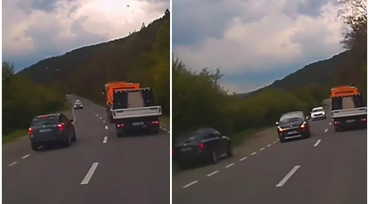 VIDEO| Depășire nebună pe acostamentul de pe contrasens, pe o șosea din Cluj: „Eu eram în prima mașină în care era să intre”