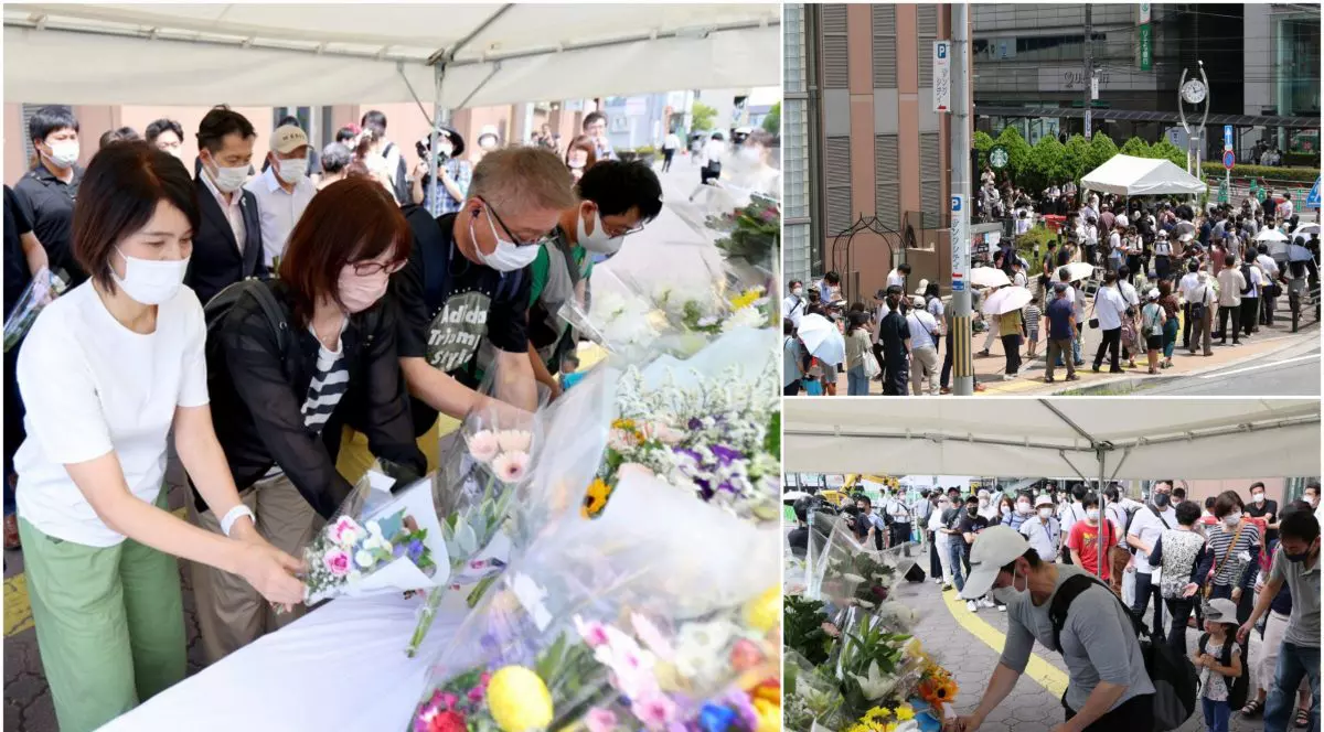 Japonezii au format cozi uriașe pentru a-i aduce un ultim omagiu lui Shinzo Abe. Munte de flori în locul în care a fost asasinat