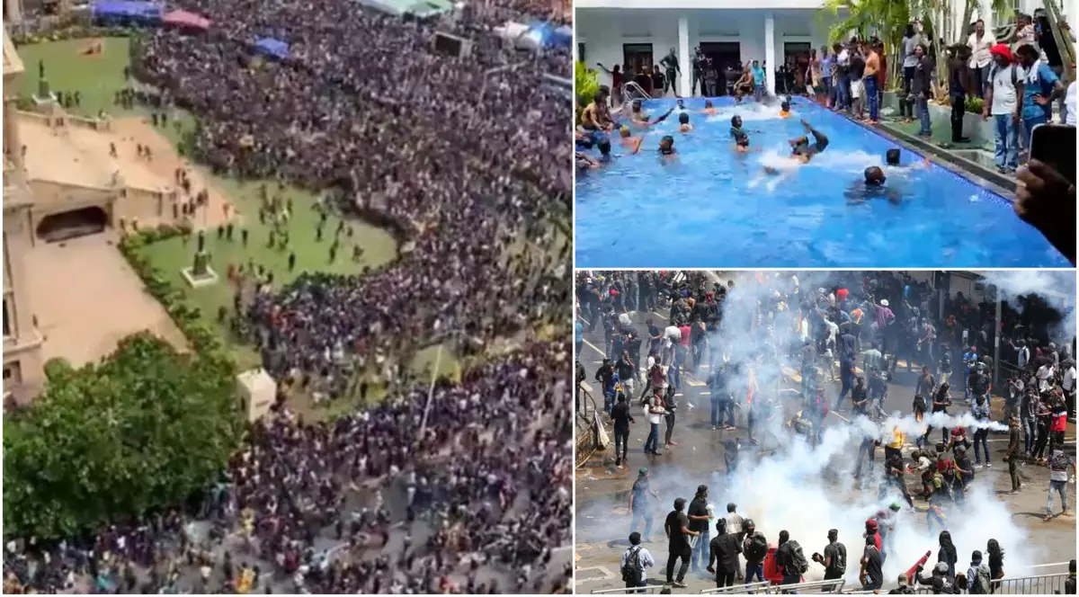 Momentul în care sute de oameni iau cu asalt reședința prezidențială din Sri Lanka. Au înotat apoi în piscina președintelui