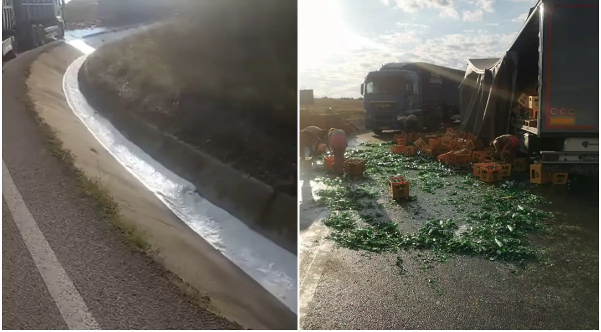 Mii de litri de bere s-au scurs într-un șanț de pe marginea drumului, în Olt, unde un camion a pierdut navetele pe drum - VIDEO