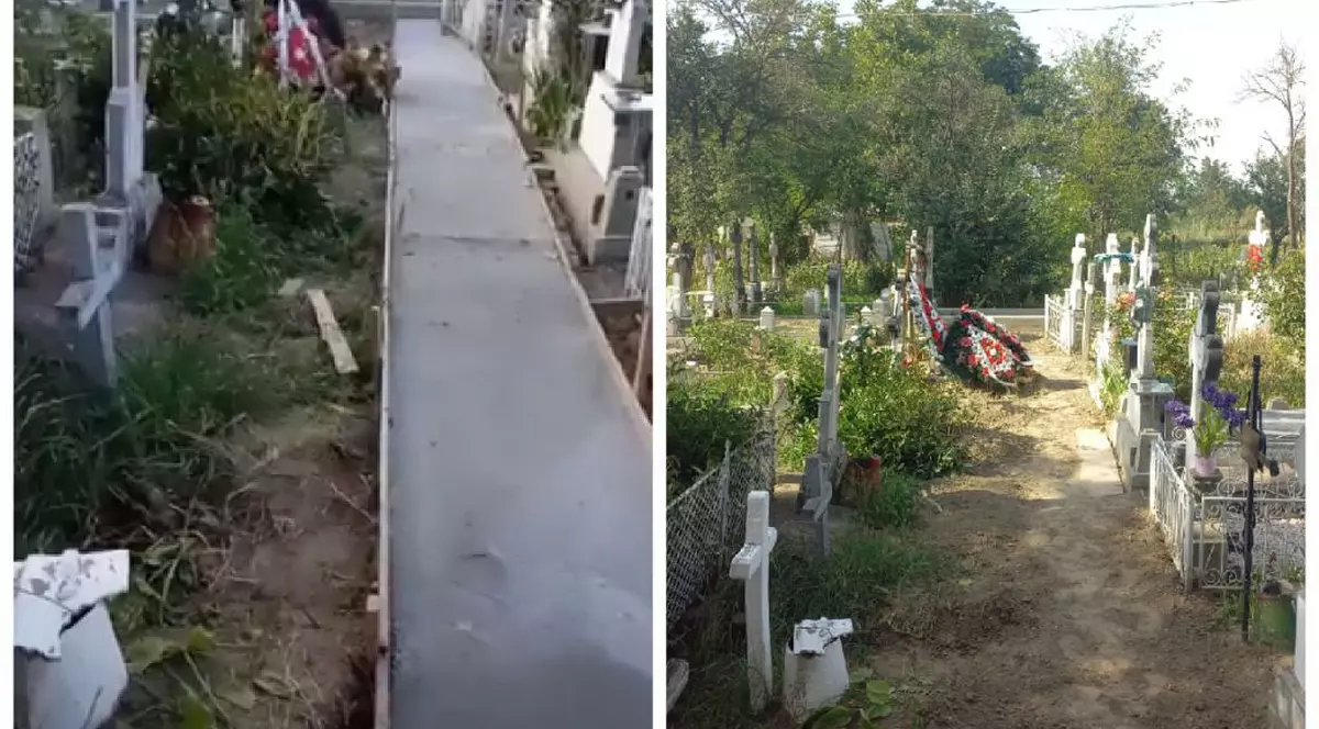 Morminte acoperite cu beton pentru a crea o alee într-un cimitir din Vrancea. „Preotul și cu oamenii lui”  | VIDEO