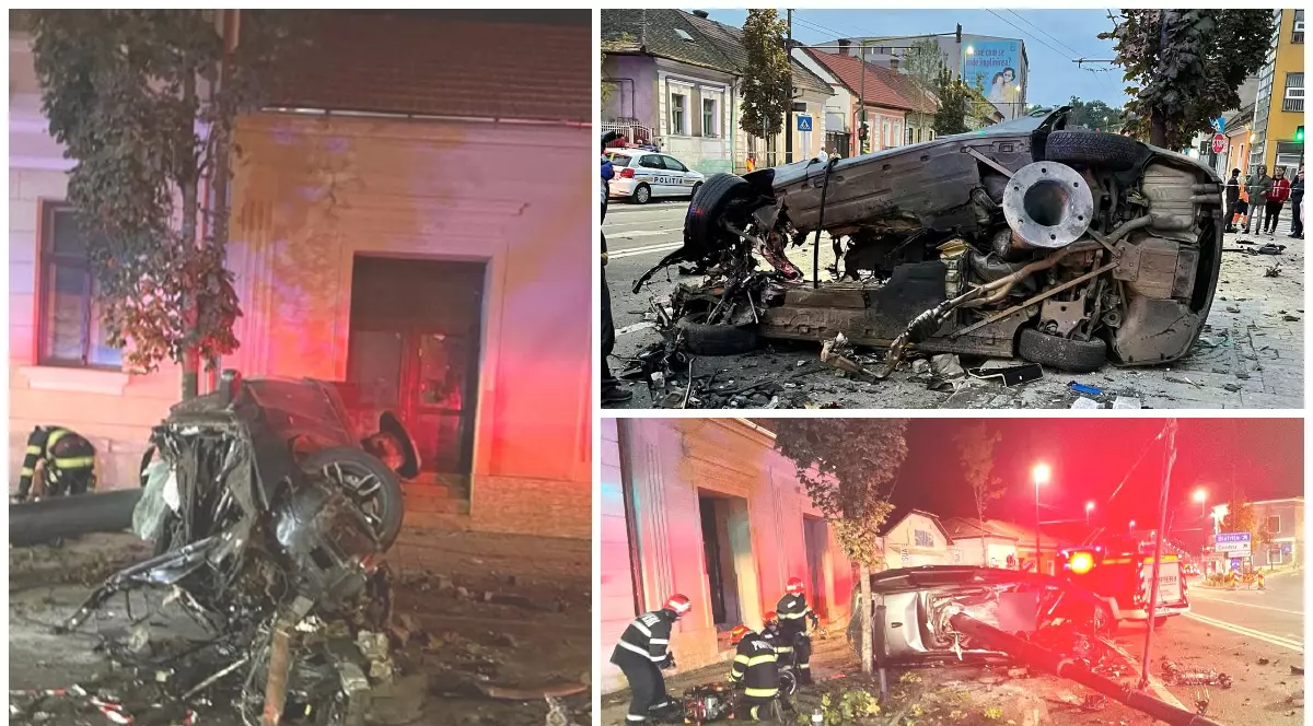BMW despicat în două după ce a intrat cu 180 km/h într-un stâlp, în Cluj. Șoferul de 25 de ani, găsit mort printre fiare