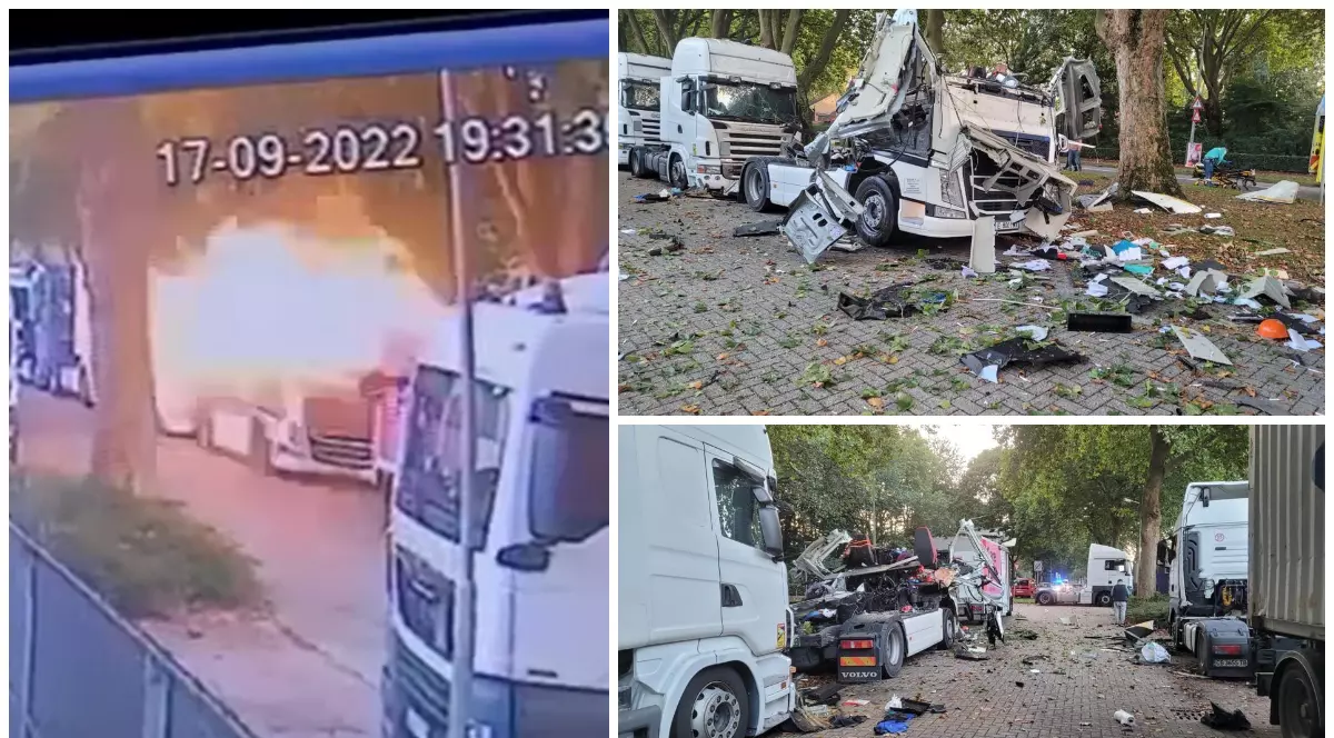 Cabina unui camion a sărit în aer într-o parcare din Olanda. Momentul exploziei a fost filmat | VIDEO