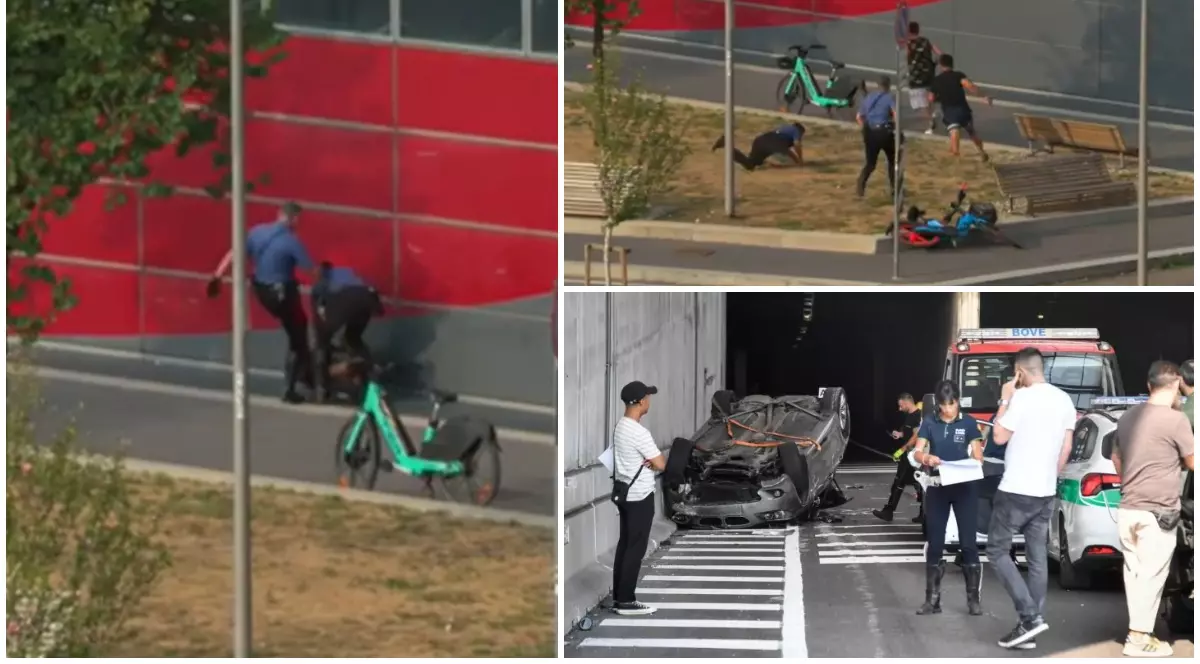 Român lovit de un polițist italian cu piciorul în cap, după ce a fost alergat pe stradă, la Milano. Se răsturnase cu BMW-ul într-un tunel | VIDEO