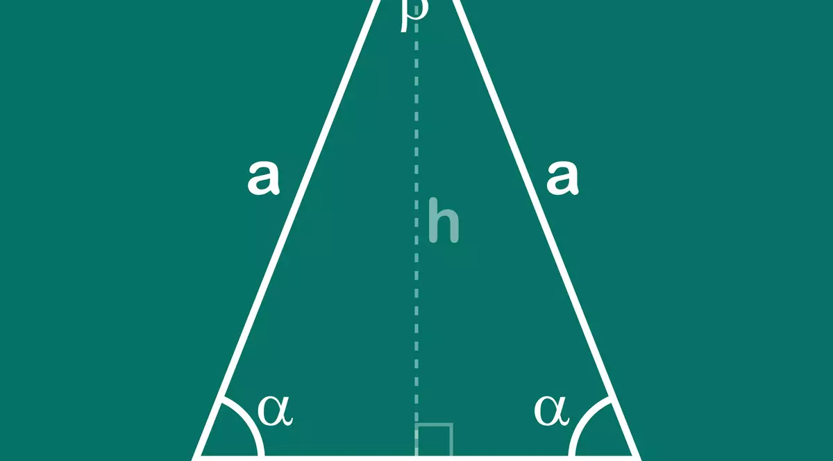 Ce este aria triunghiului isoscel și cum se calculează - Imagine cu elementele unui triunghi isoscel, laturi, înălţime, unghiuri.