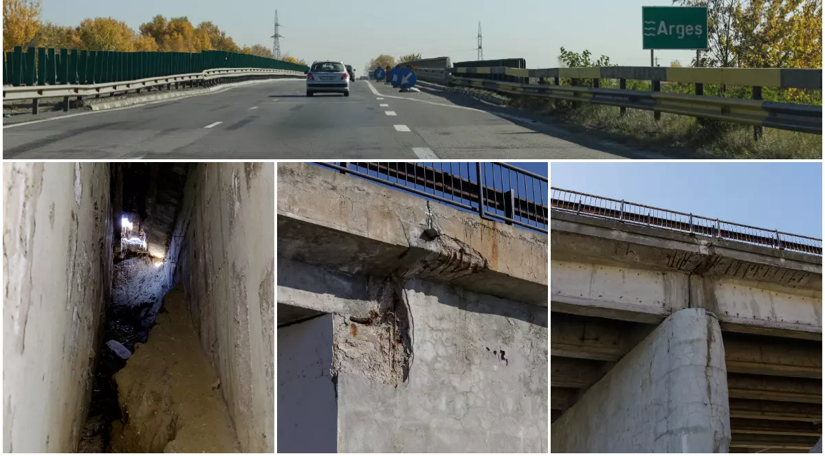 Podul de pe autostrada A1 peste care trec zilnic 40.000 de mașini arată rău: pământ surpat, structură metalică ruginită. „Necesită reabilitare, înlocuirea unor elemente”