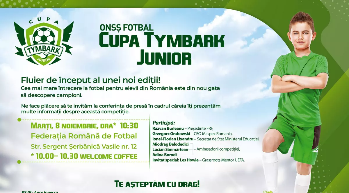 ONSȘ Fotbal - Cupa Tymbark Junior. Fluier de început al unei noi ediții. Cea mai mare întrecere la fotbal pentru elevii din România este din nou gata să descopere campioni.