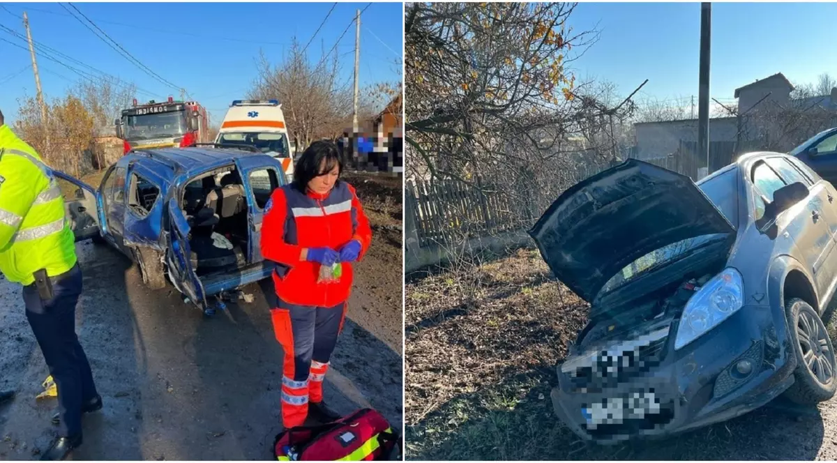 Accident grav în Giurgiu. O mașină s-a făcut zob, iar trei oameni au fost răniți. A intervenit și elicopterul SMURD