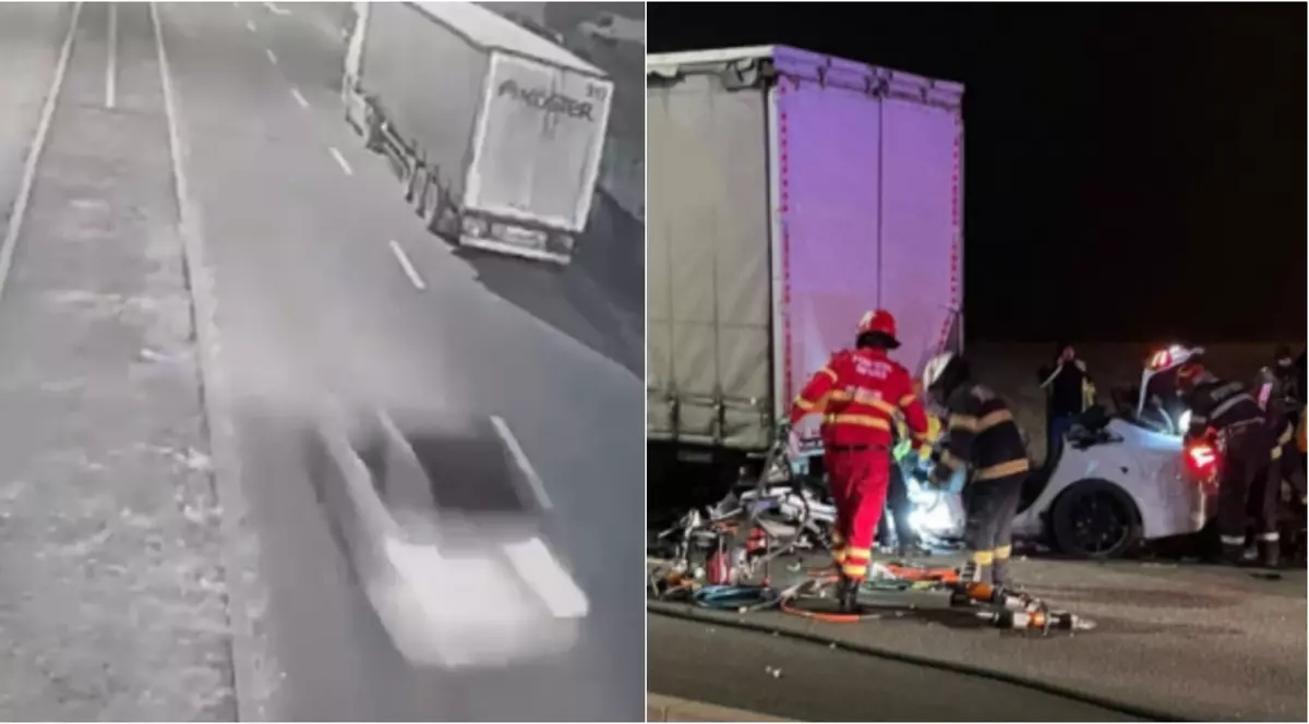 Imagini cu accidentul mortal din Sibiu, unde doi tineri și-au pierdut viața după ce mașina în care se aflau a intrat sub un TIR